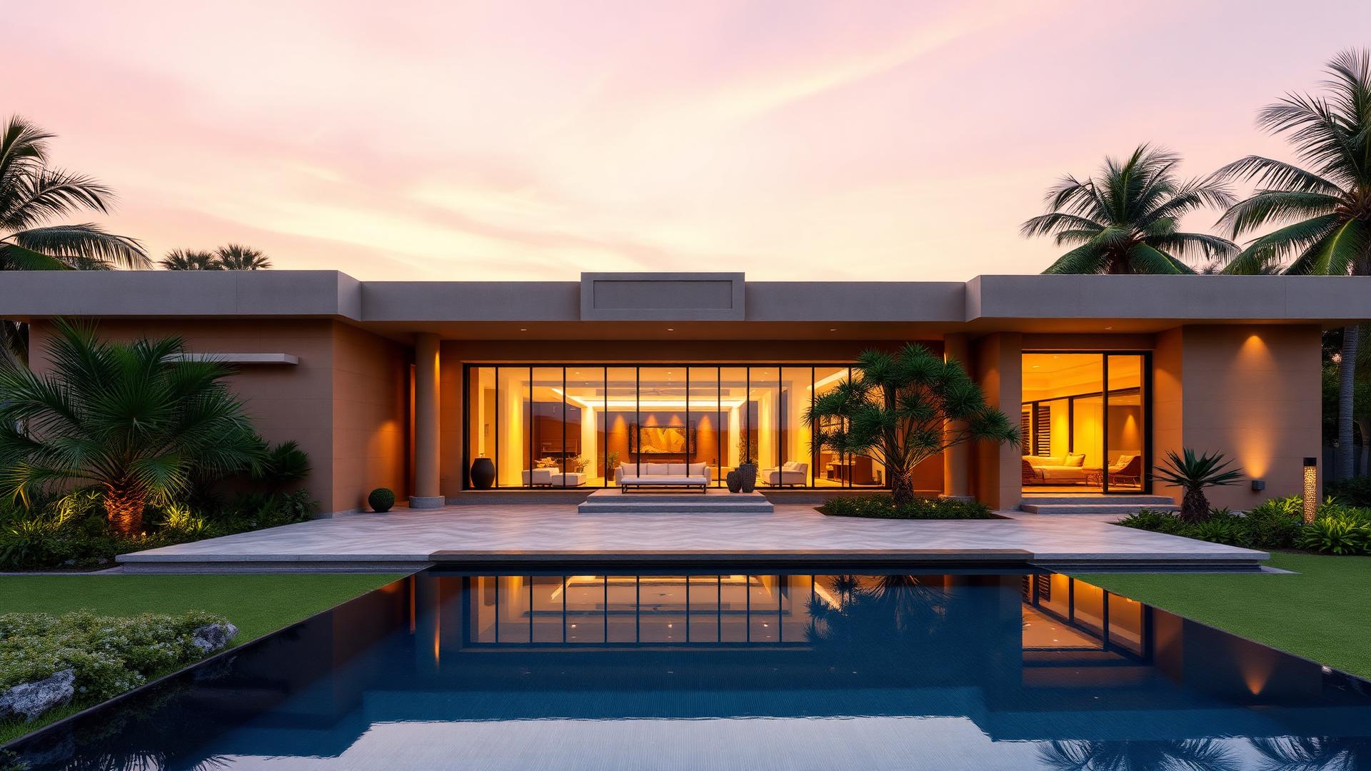 Modern luxury villa exterior at golden hour