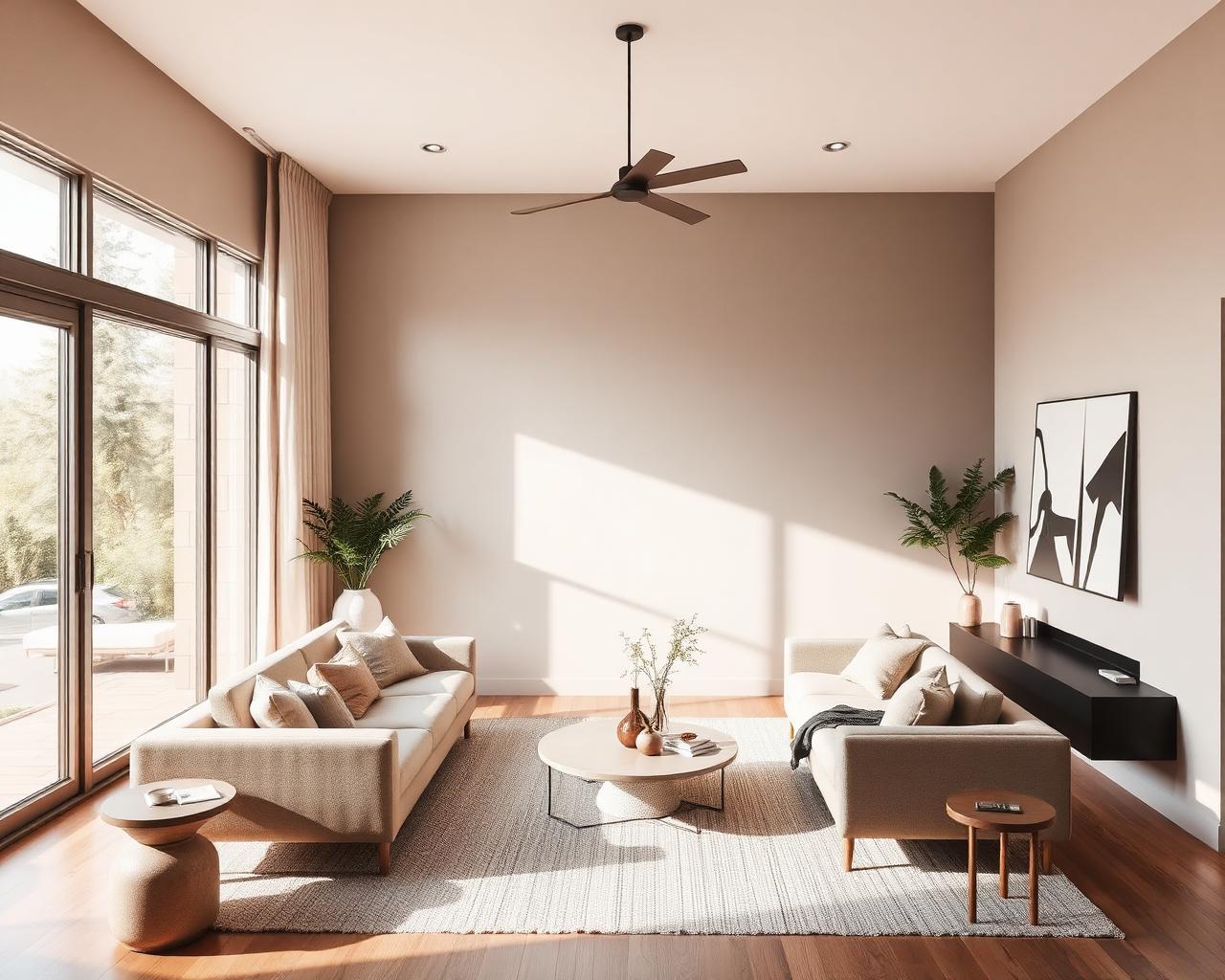Modern minimalist living room interior in warm neutral tones