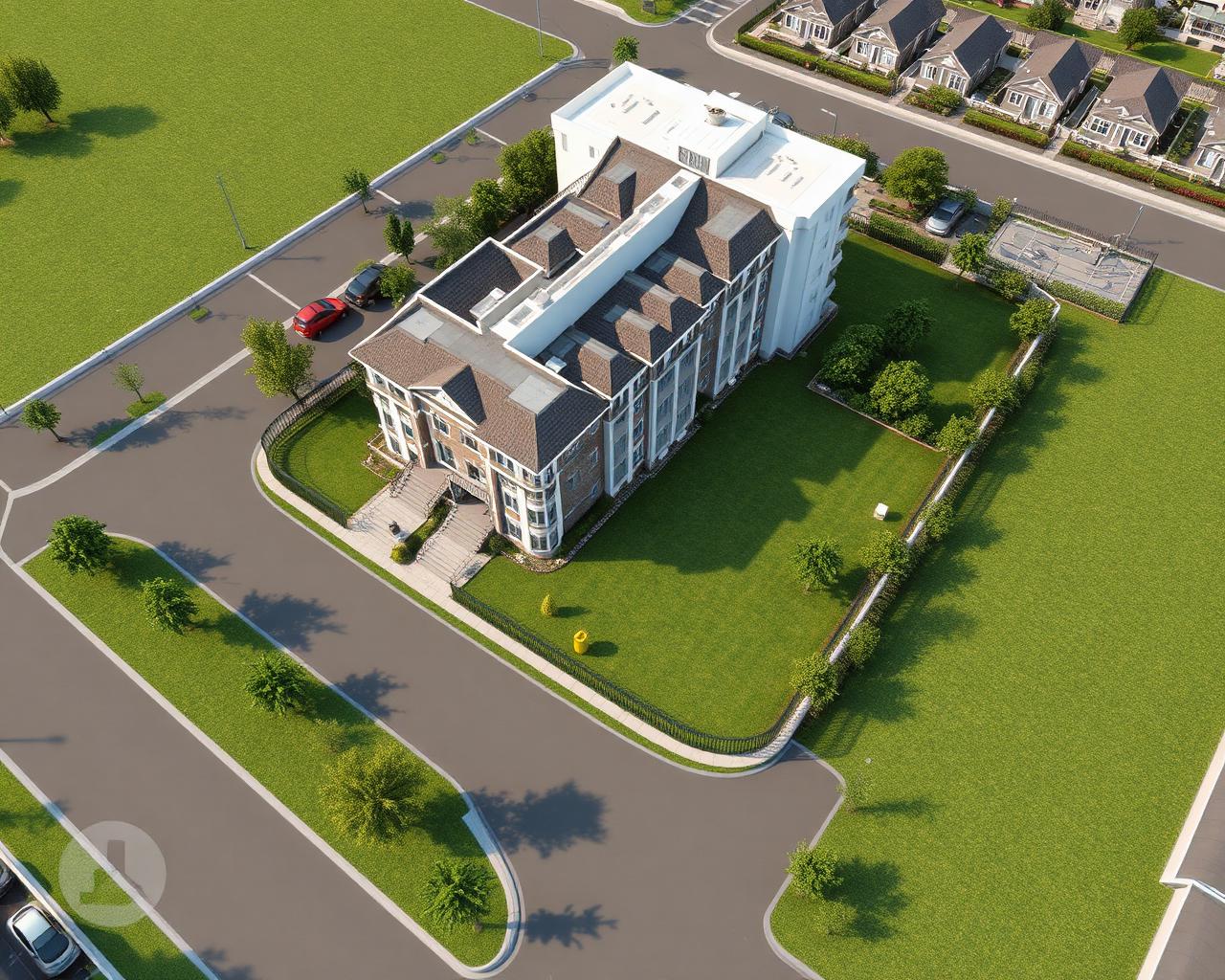 Aerial 3D walkthrough render of a residential development