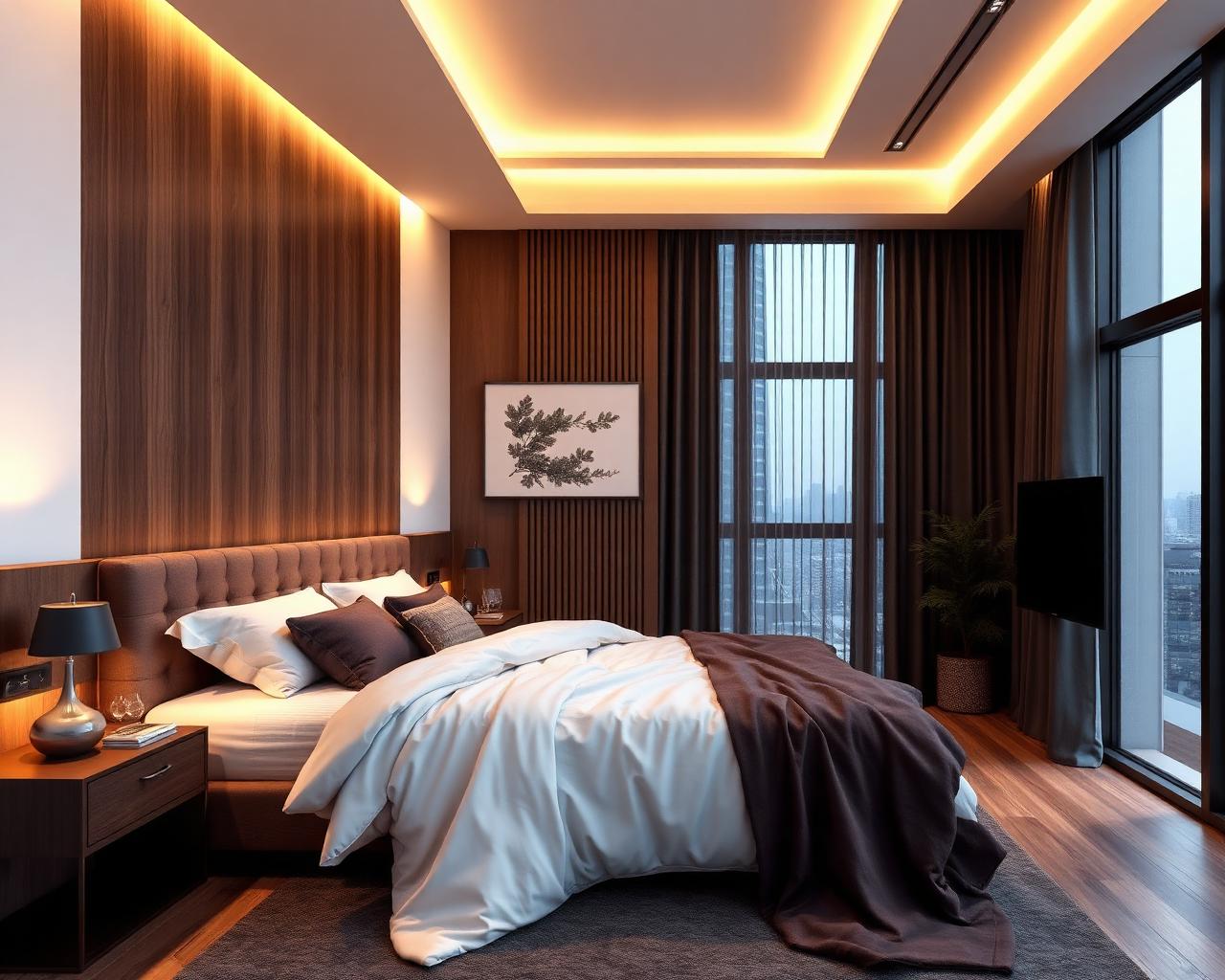 Photorealistic render of a modern bedroom with warm lighting