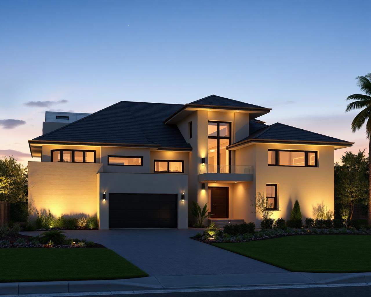 Photorealistic exterior render of a modern house at dusk