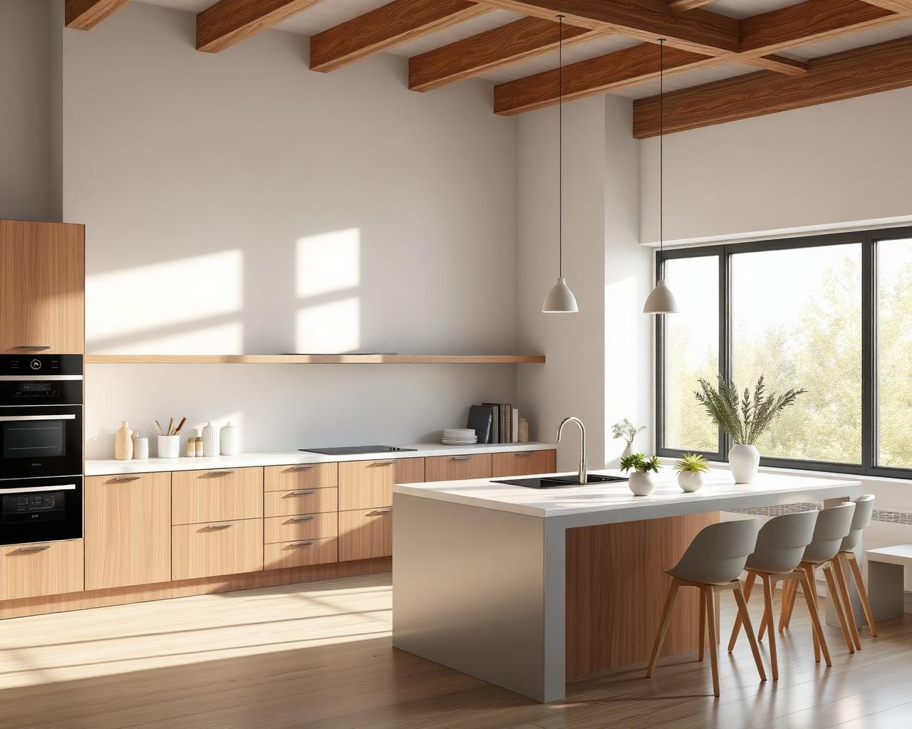 Photorealistic interior render of a modern kitchen in daylight